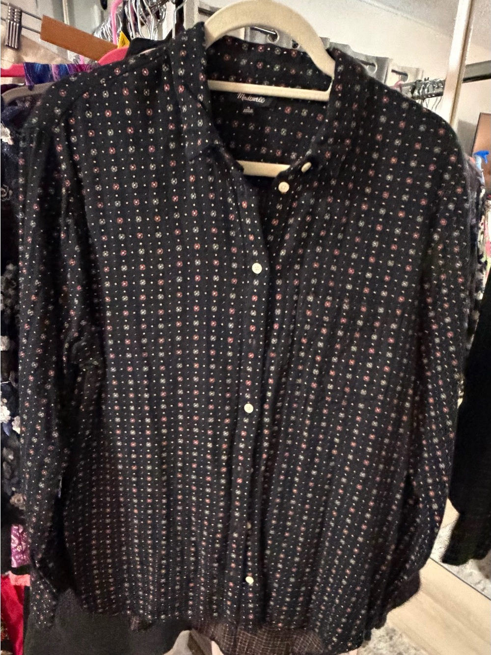 Madewell Black Button-Down Shirt with Subtle Multicolor Dot Pattern